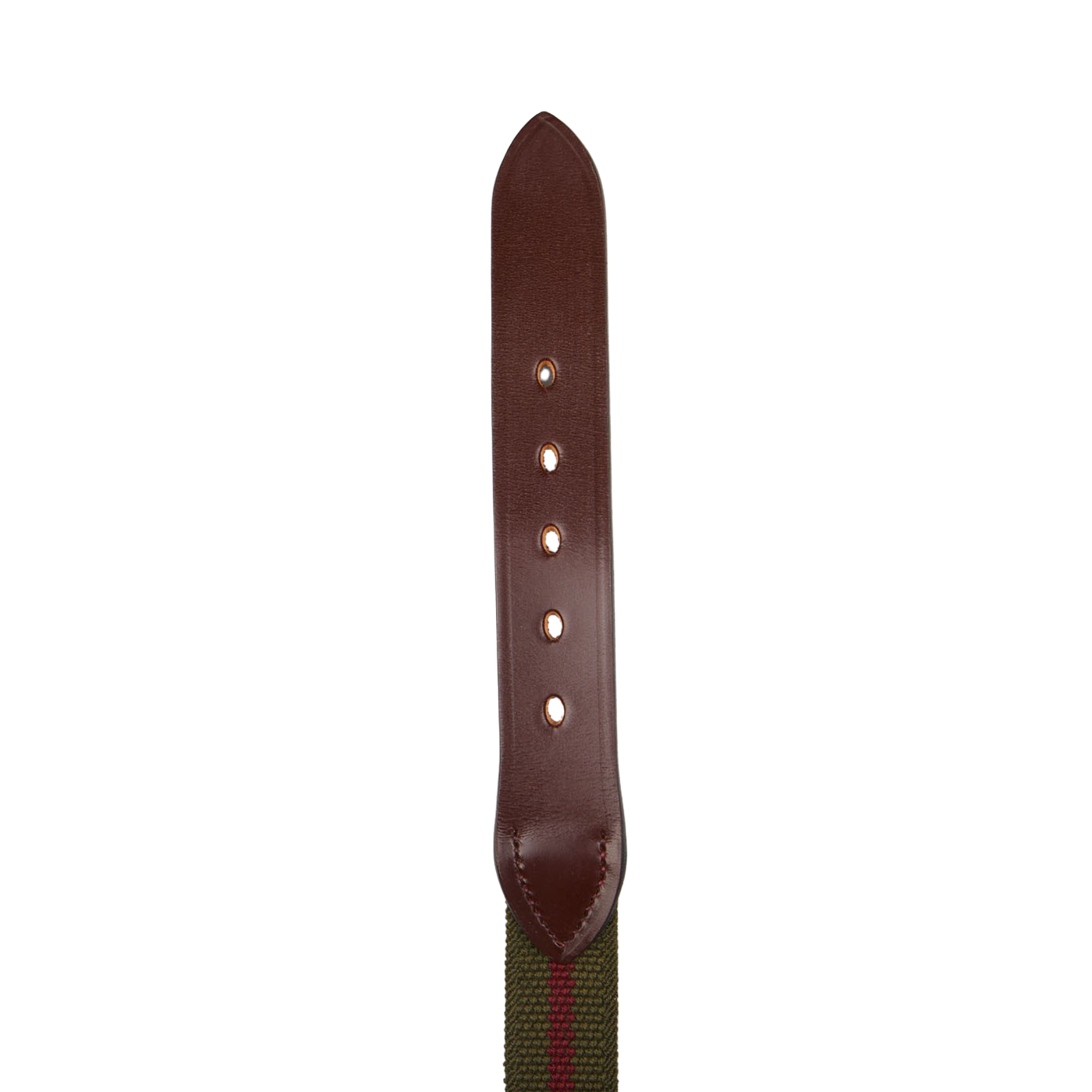 Handmade in England, this Green Striped Canvas Burgundy Leather 35mm Belt by Hardy & Parsons features green and brown stripes to create a stylish accessory.