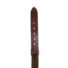 Handmade in England, this Green Striped Canvas Burgundy Leather 35mm Belt by Hardy & Parsons features green and brown stripes to create a stylish accessory.