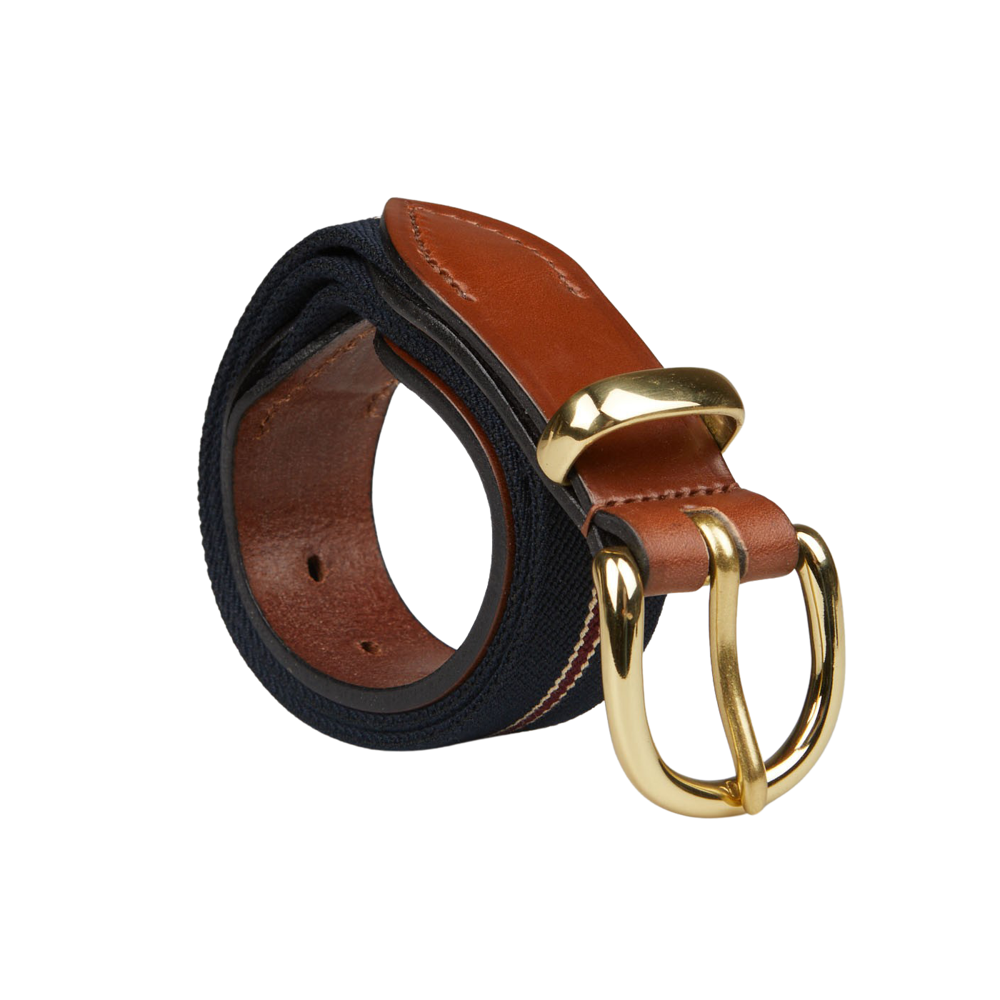 A Hardy & Parsons Navy Striped Canvas Cognac Leather 35mm Belt with a gold buckle.