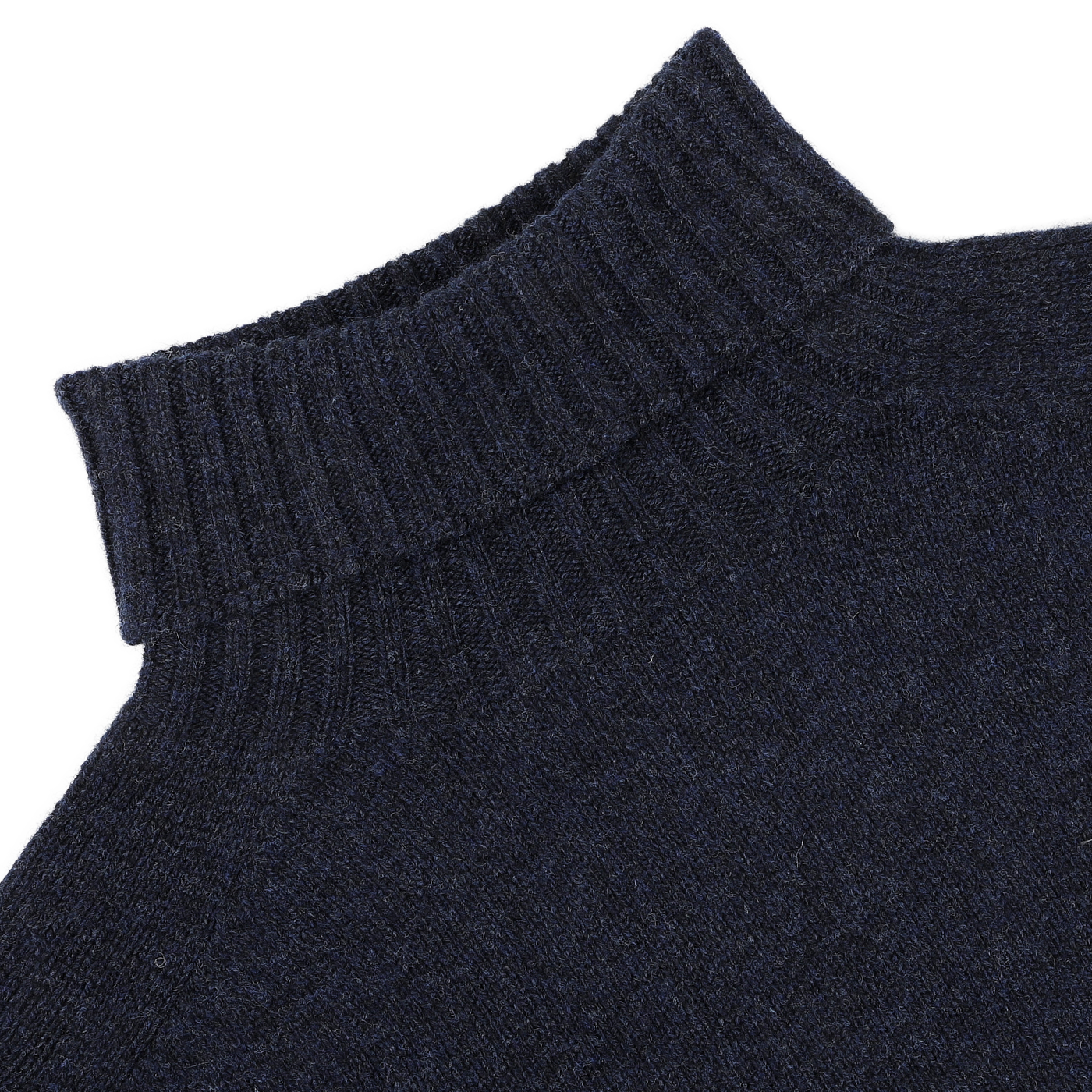 Crafted by Harley of Scotland, the Cosmos Blue Extrafine Lambswool Rollneck features a textured knit pattern and classic rollneck in navy blue.