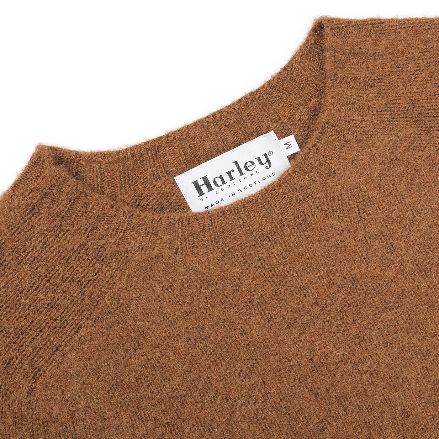 Pecan Brown Brushed Shaggy Wool Crewneck featuring a prominent "Harley of Scotland Made in Scotland" label, highlighting its craftsmanship.