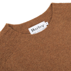 Pecan Brown Brushed Shaggy Wool Crewneck featuring a prominent "Harley of Scotland Made in Scotland" label, highlighting its craftsmanship.