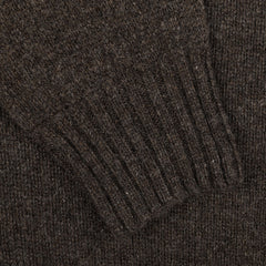 Close-up of a Porcupine Brown Extrafine Lambswool crewneck sweater featuring ribbed cuff detailing, crafted by Harley of Scotland.