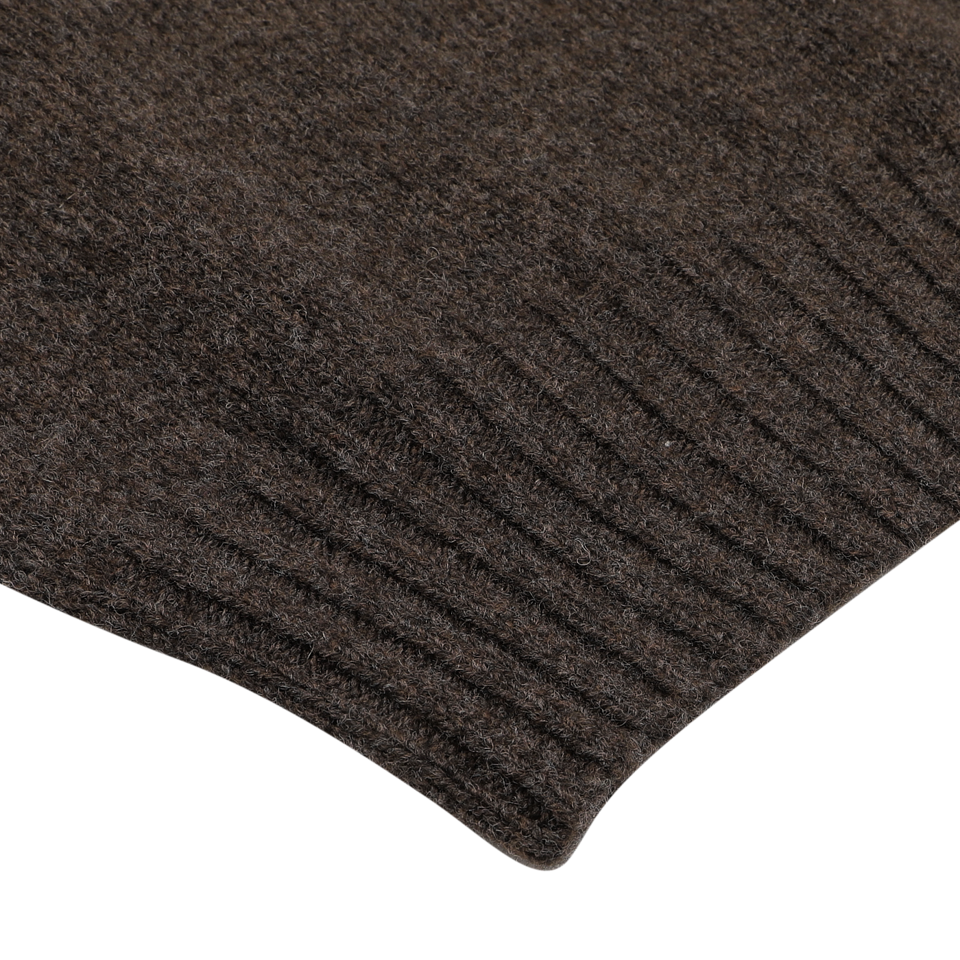 Close-up of a Porcupine Brown Extrafine Lambswool Crewneck sleeve featuring ribbed cuffs on a plain background, showcasing the timeless craftsmanship of Harley of Scotland.