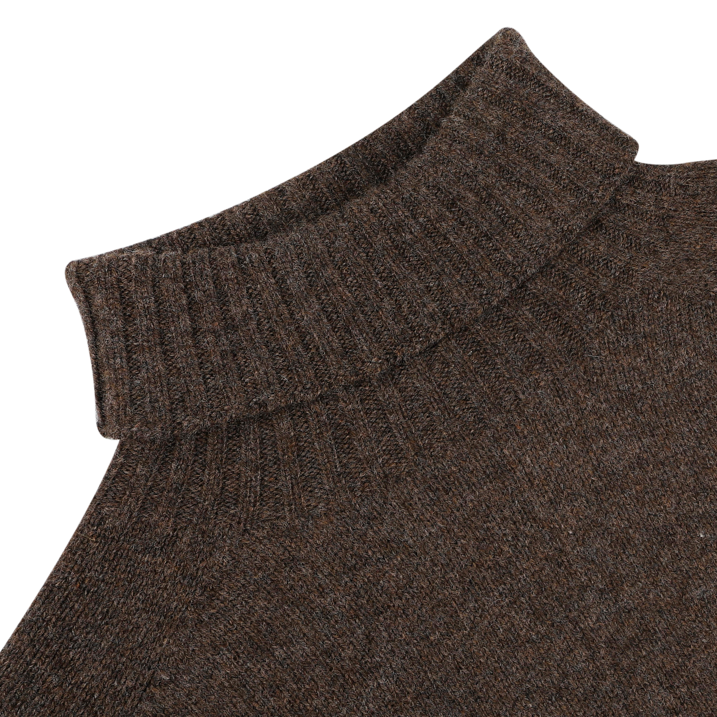 Close-up of a Porcupine Brown Extrafine Lambswool Rollneck sweater with a turtleneck, crafted by Harley of Scotland.