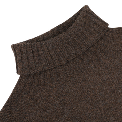 Close-up of a Porcupine Brown Extrafine Lambswool Rollneck sweater with a turtleneck, crafted by Harley of Scotland.