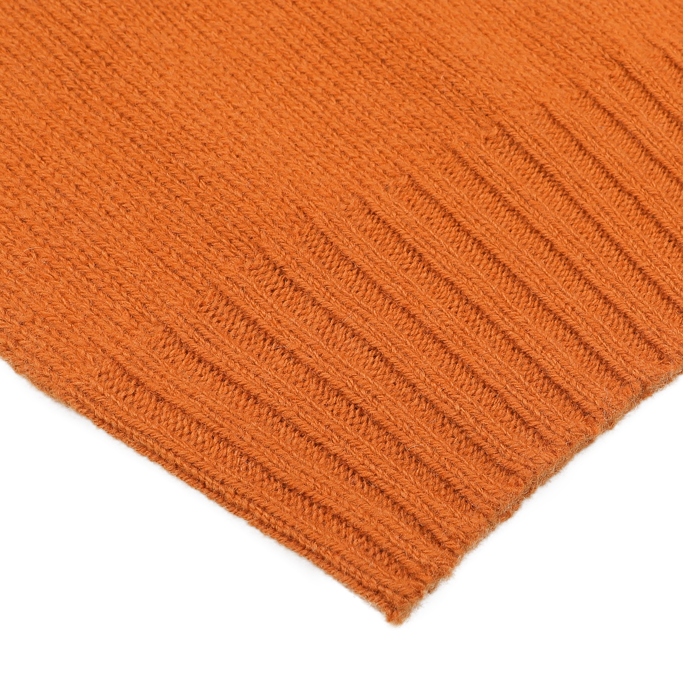 A close-up of the Sienna Orange Extrafine Lambswool Crewneck by Harley of Scotland, showcasing a ribbed edge pattern.