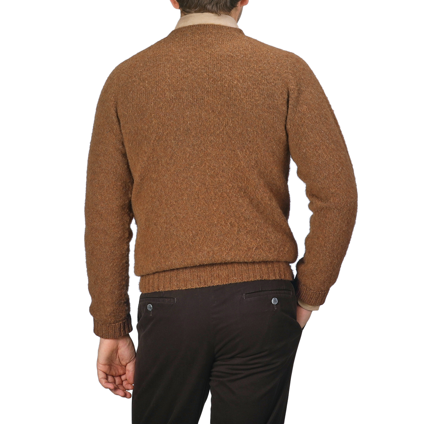 An individual wearing a Pecan Brown Brushed Shaggy Wool Crewneck by Harley of Scotland and dark pants is depicted from the back against a neutral background.