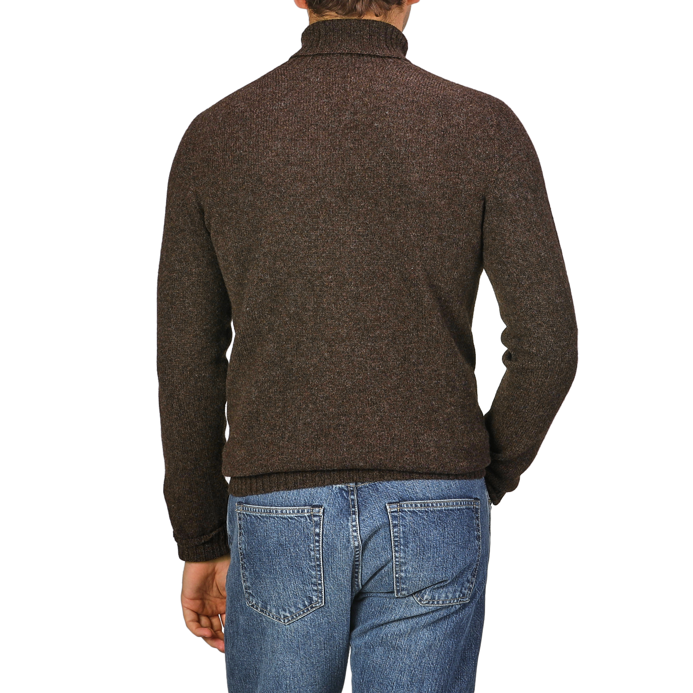 Back view of a person wearing the Porcupine Brown Extrafine Lambswool Rollneck and blue jeans, showcasing luxurious knitwear from Harley of Scotland.