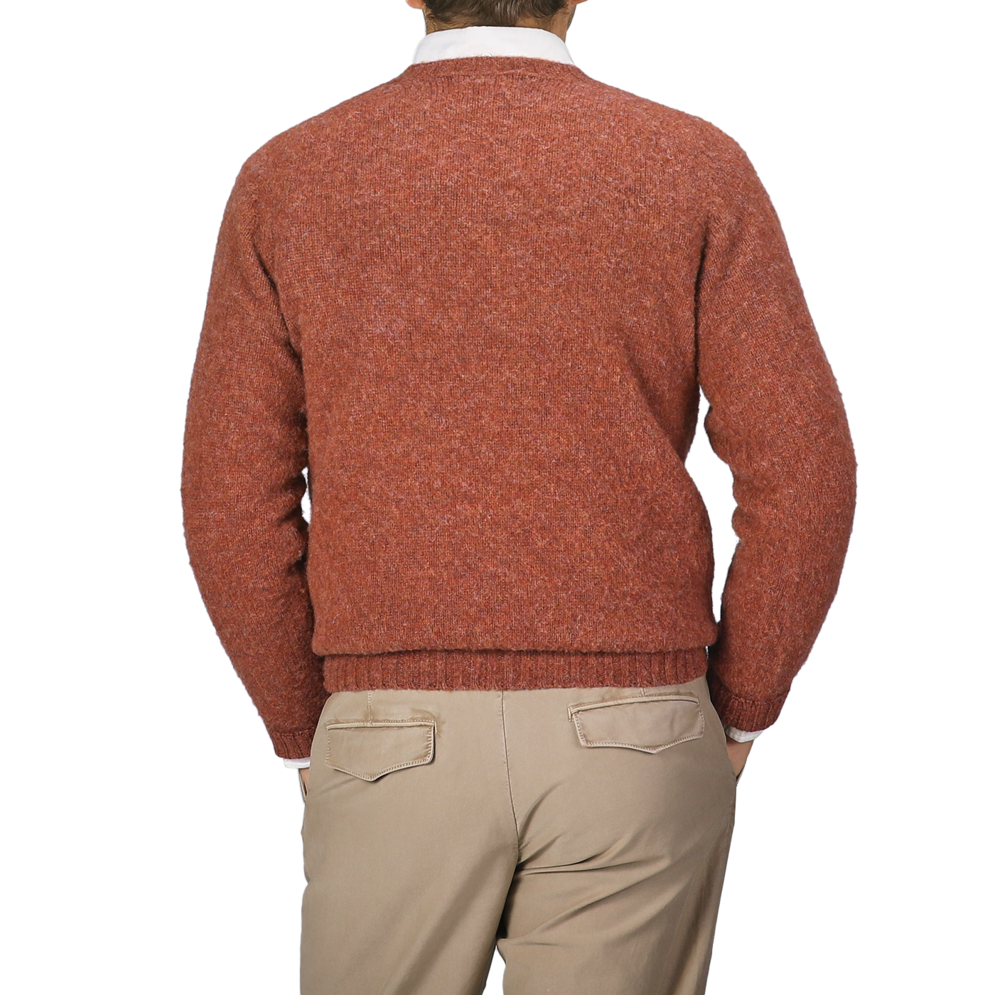 A person is seen from behind wearing a Sienna Brushed Shaggy Wool Crewneck by Harley of Scotland, paired with beige pants.