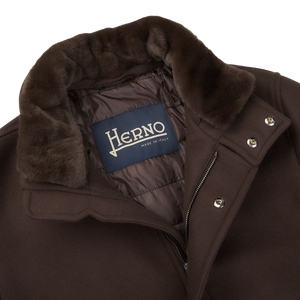 Herno Dark Brown Diagonal Wool Technical Coat Collar