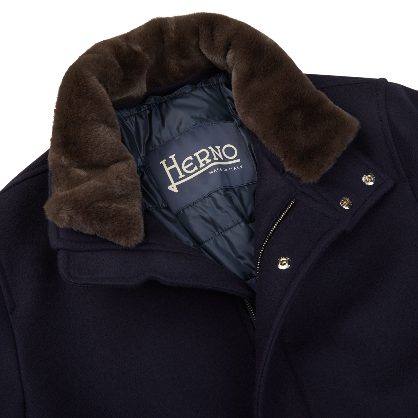 Herno Navy Blue Diagonal Wool Technical Coat Collar