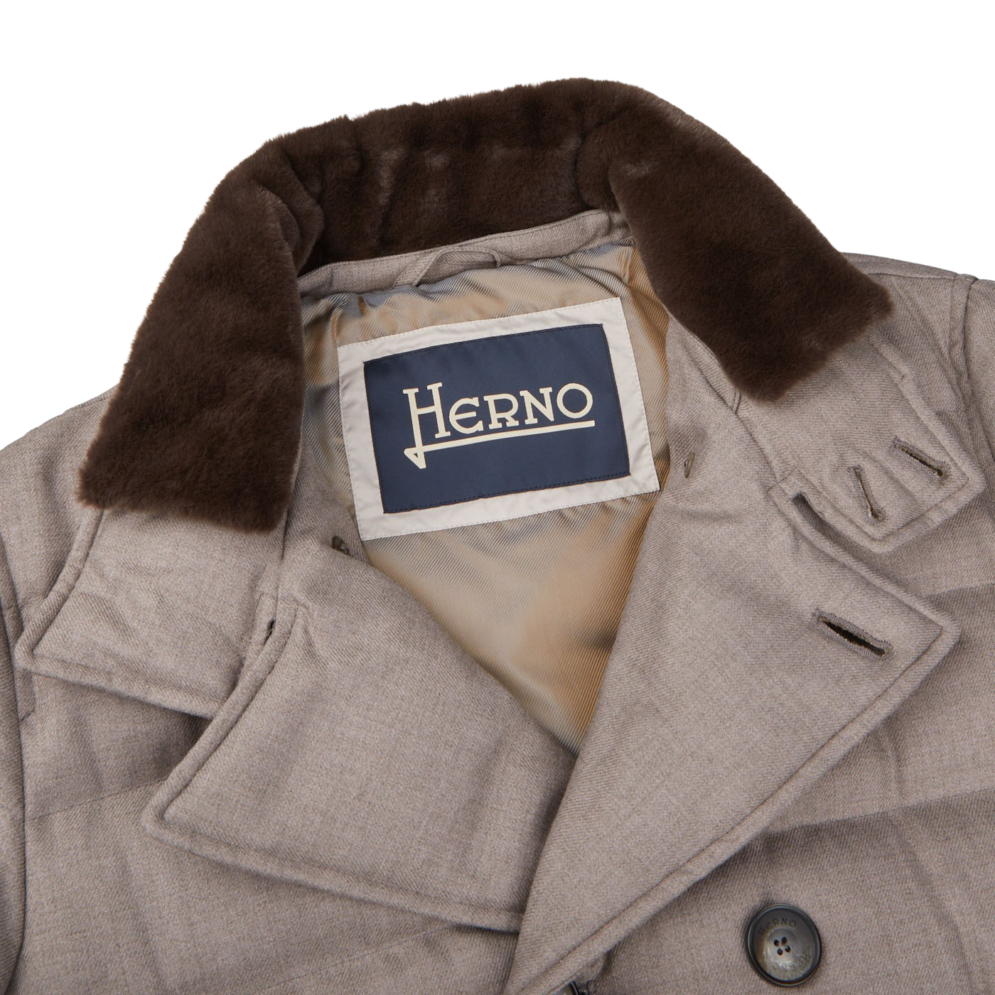 Herno Taupe Beige Virgin Wool DB Norfolk Jacket Collar 1