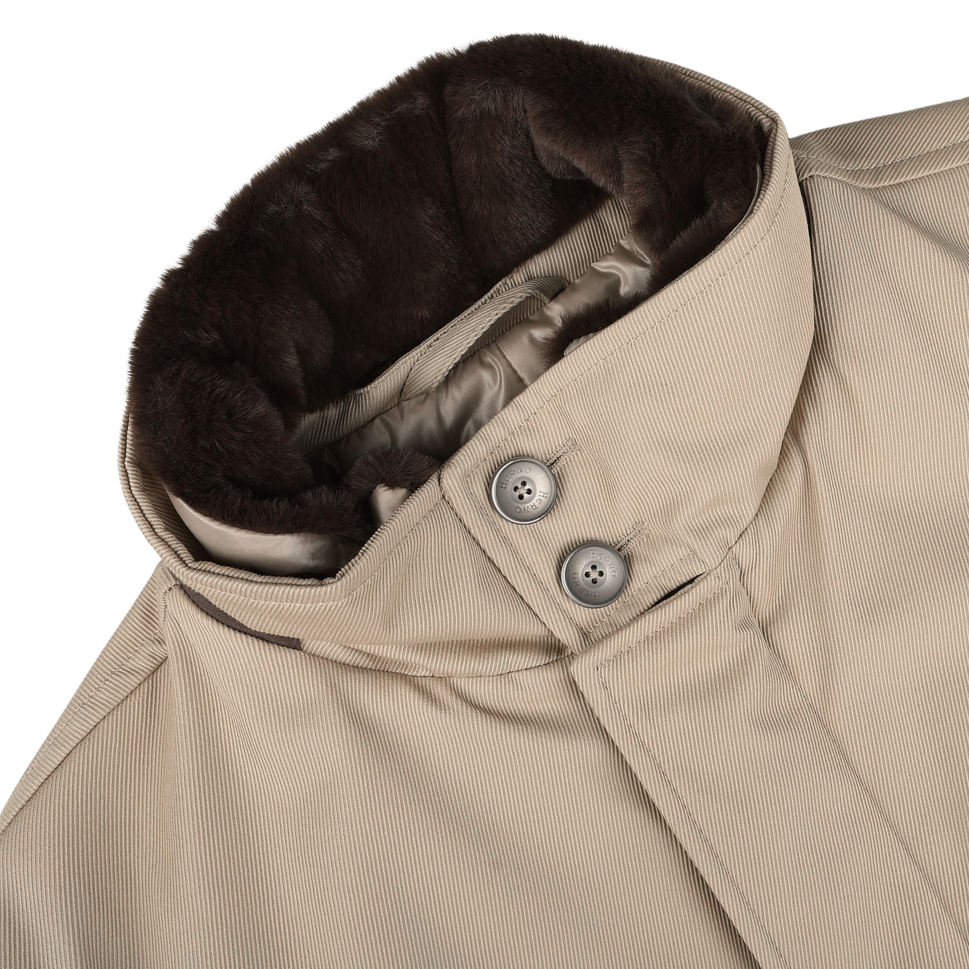 Close-up of a luxurious Herno Beige Loro Piana Wool Twill Jacket with a dark brown fur collar and two gray buttons near the neckline. The pure wool twill fabric has a fine texture, and the coat appears to be well-constructed.