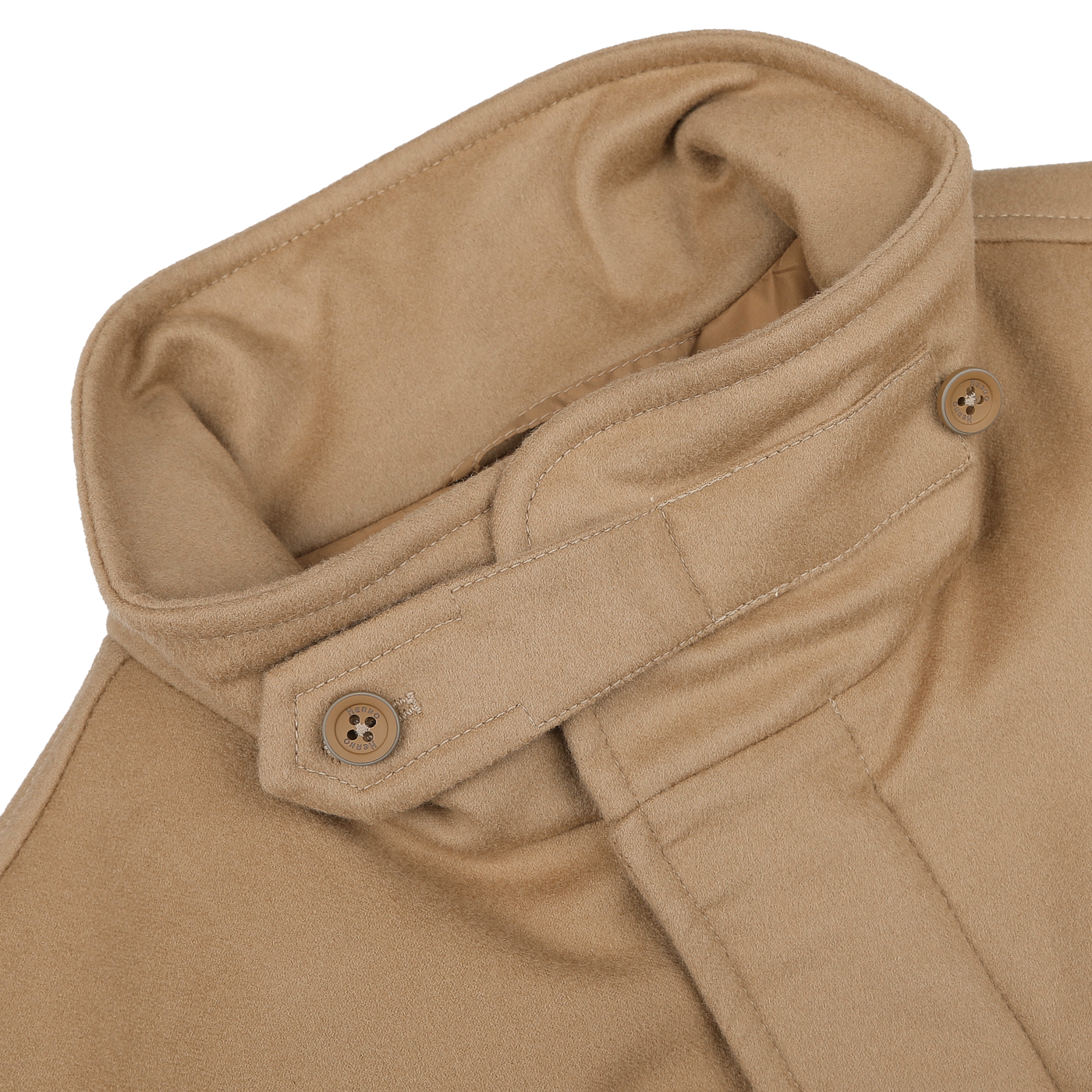 This close-up highlights the upper section of the Camel Beige Loro Piana Wool Field Jacket by Herno, featuring its high collar and buttoned strap detail.