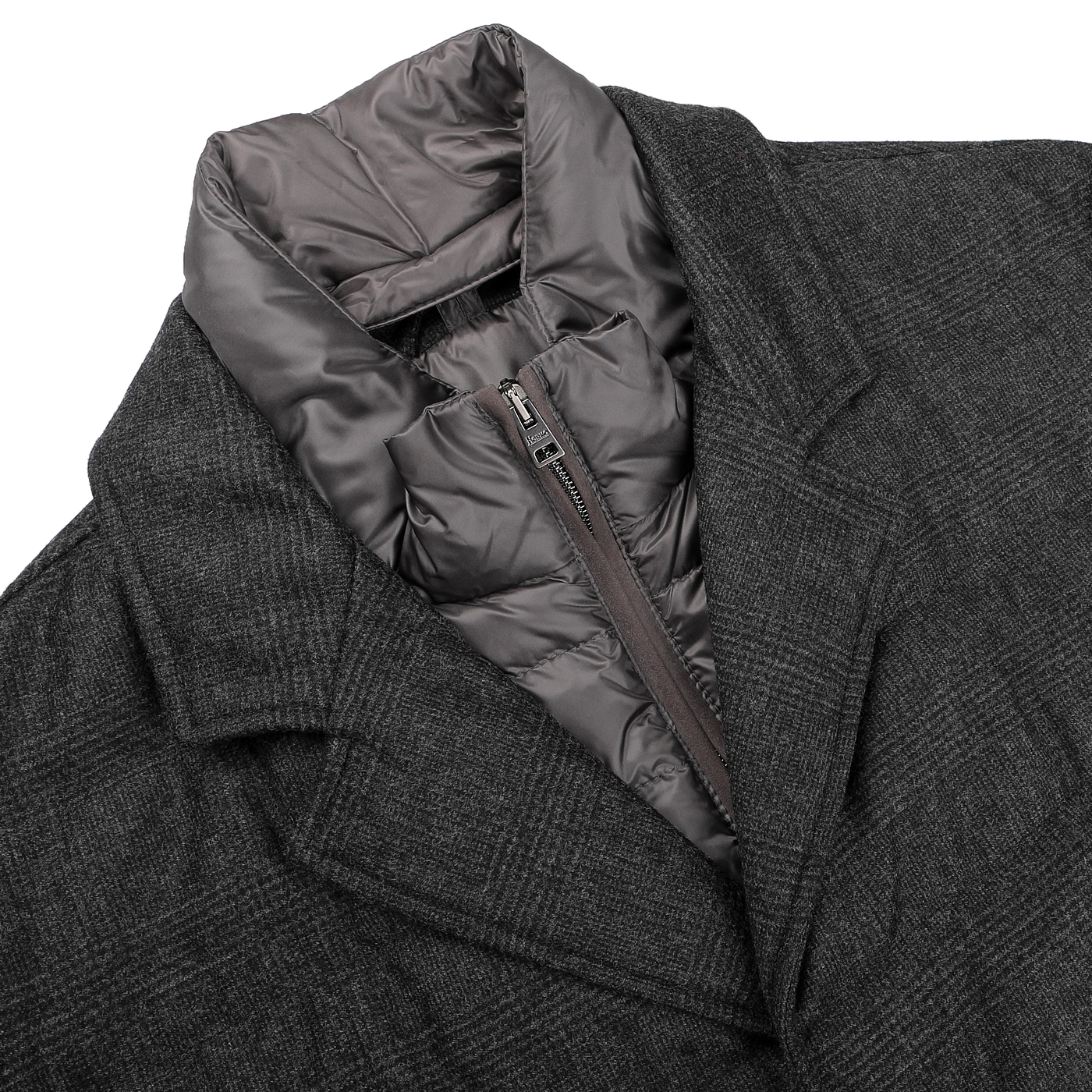 A charcoal checked wool cashmere jacket by Herno, featuring a segmented gray hooded inner lining and a Rain System zip-up closure beneath the collar.