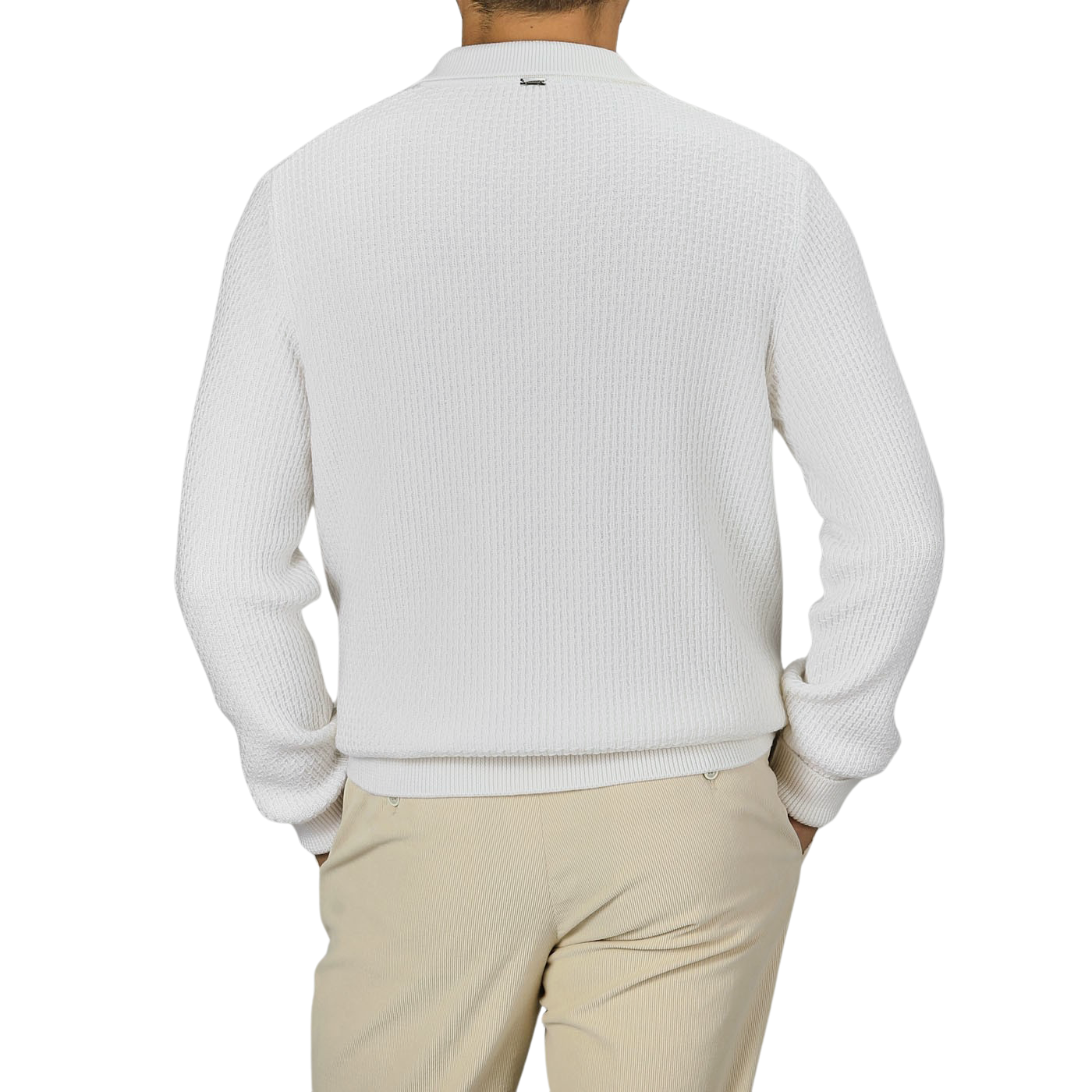 A man shown from the back wearing a Herno Cream White Virgin Wool Knitted Pullover and beige pants against a plain background.