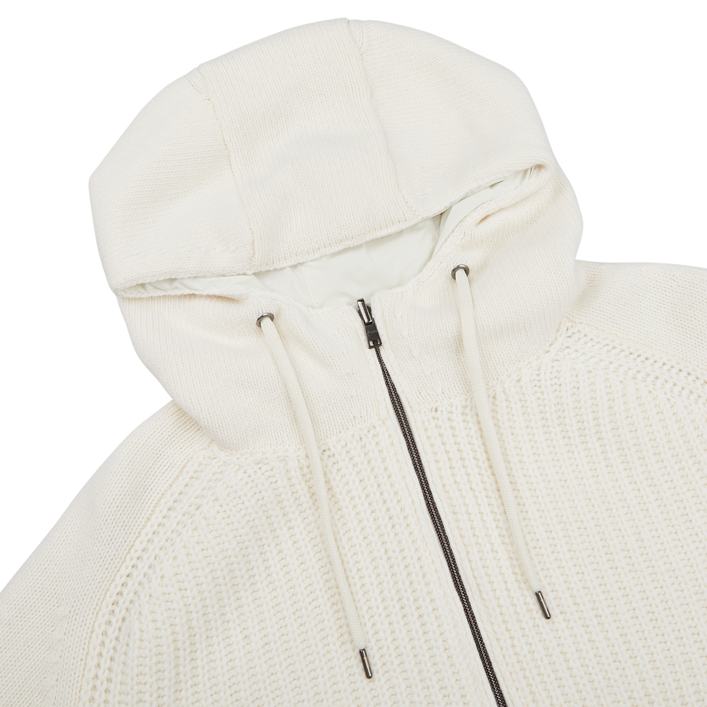 A close-up of a Herno Cream Wool Nylon Reversible Knitted Jacket featuring a front zipper and drawstrings, crafted from luxurious virgin wool.