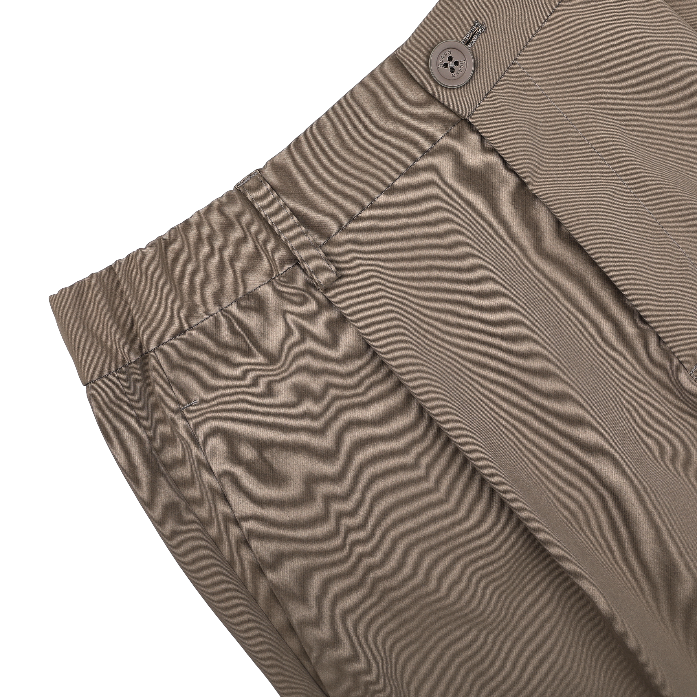 Herno's dark beige nylon stretch drawstring trousers in a slim fit are presented from the side against a black background.