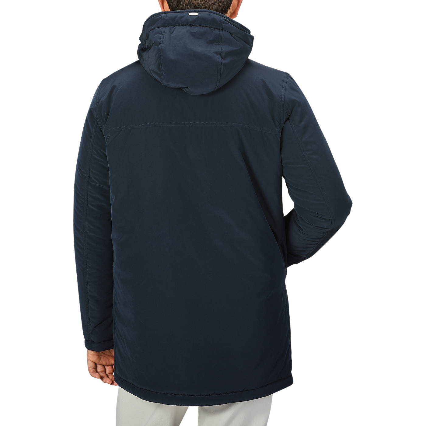 Person wearing a Herno Dark Blue Nylon Technical Padded Jacket viewed from the back against a plain background.