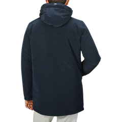 Person wearing a Herno Dark Blue Nylon Technical Padded Jacket viewed from the back against a plain background.