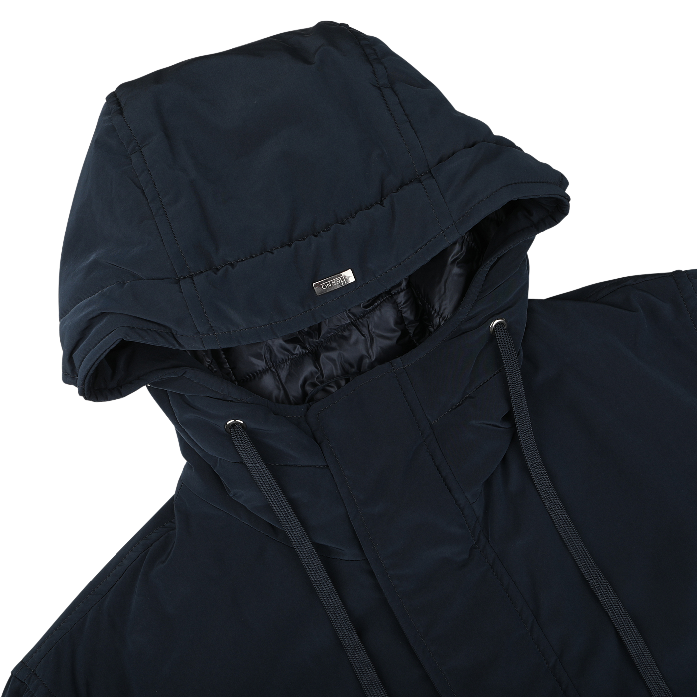 A close-up of the Dark Blue Nylon Technical Padded Jacket by Herno, showcasing drawstrings and a small metal brand logo on the hood, featuring wind- and water-repellent properties.