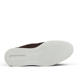 The back view of a Herno Dark Brown Suede Slip-on Loafers with white rubber soles.