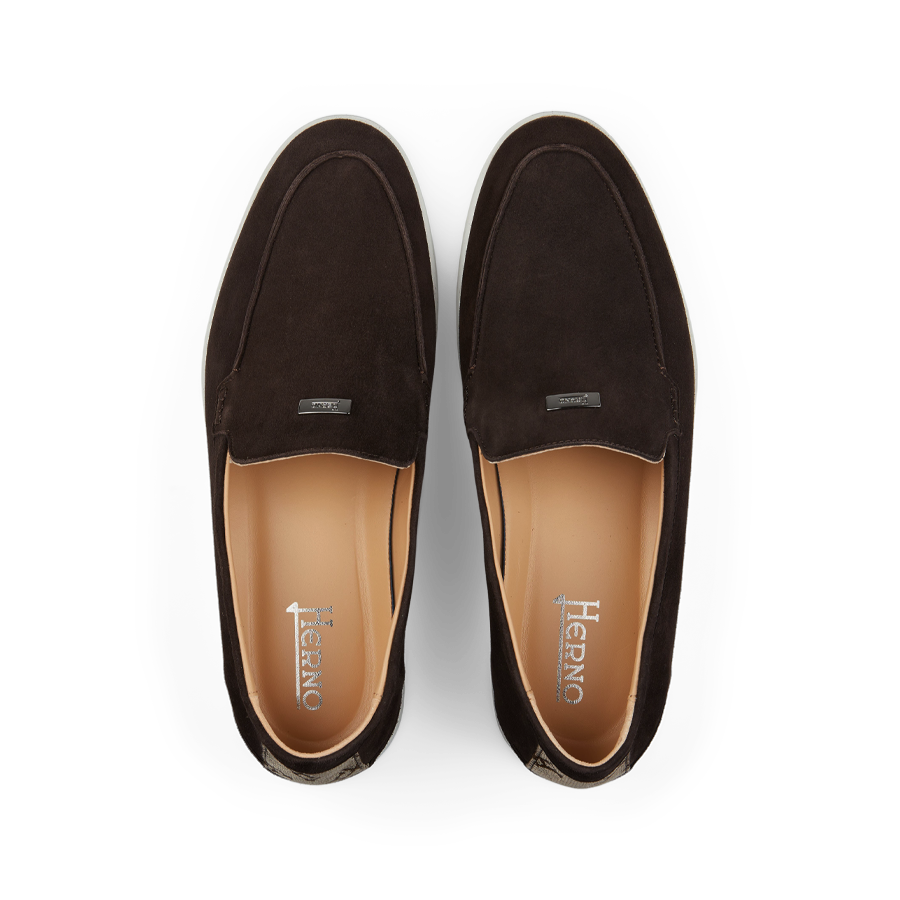 A pair of Dark Brown Suede Slip-on Loafers by Herno.