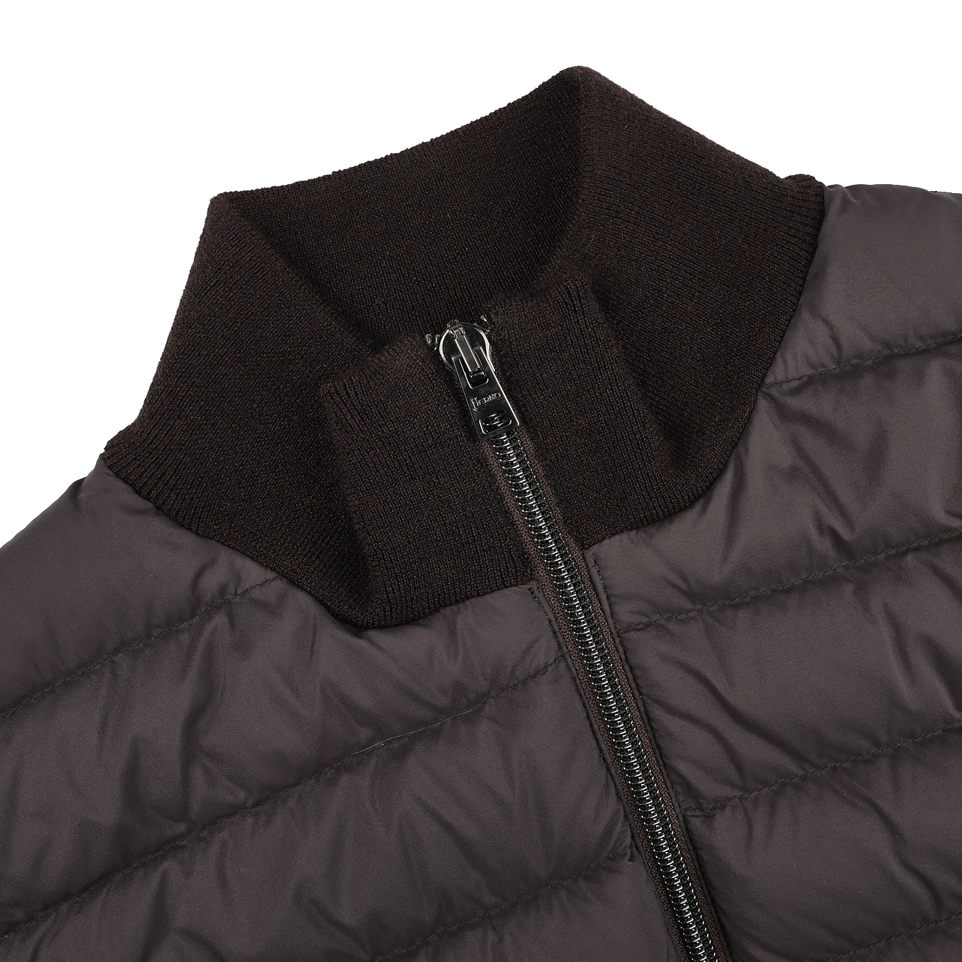 Close-up of Herno's Dark Brown Wool Silk Nylon Padded Jacket, featuring a zippered front and ribbed collar, highlighting its quilted texture.