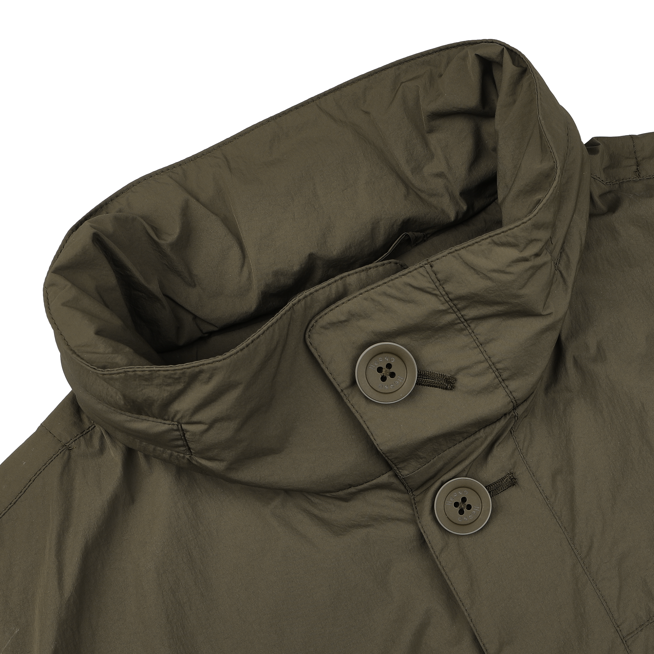 The Herno Dark Green Ultralight Nylon Field Jacket, with a high collar and two visible buttons, offers superior wind and rain resistance.