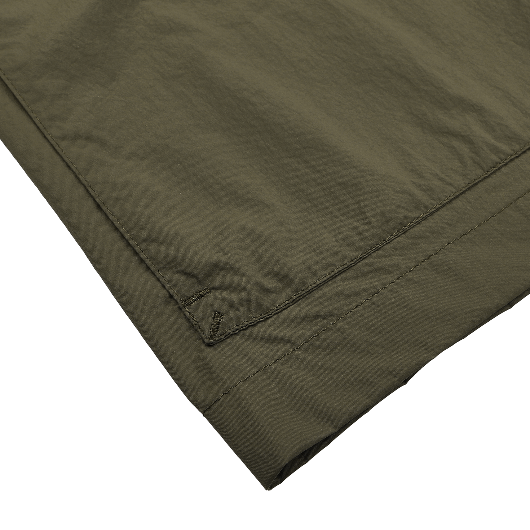 Close-up of the hem of a Herno Dark Green Ultralight Nylon Field Jacket on a white background, highlighting stitching details and hinting at its resistance to wind and rain.