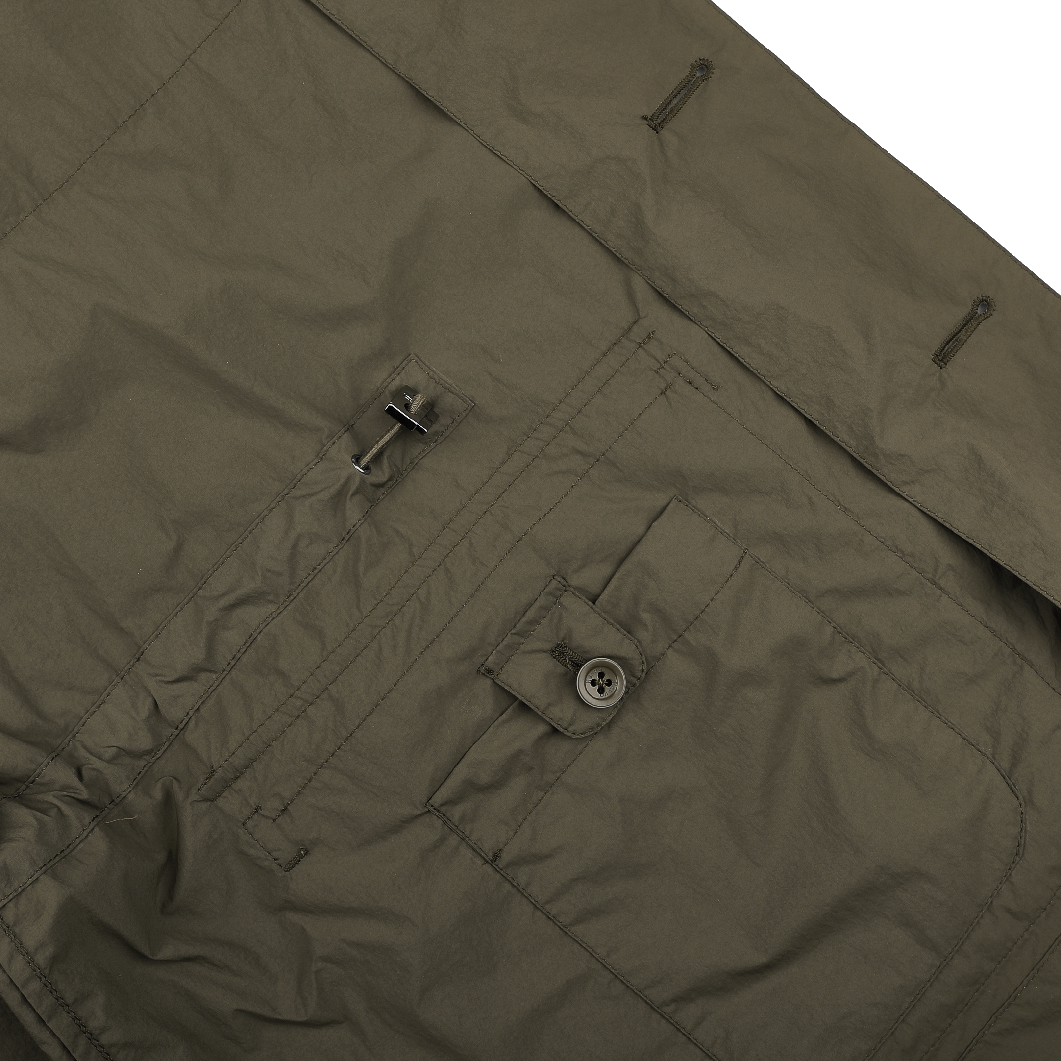 Close-up of dark green fabric with button and buckle details, featuring stitching and pleats; ideal for crafting a nylon piece. The Herno Ultralight Field Jacket offers wind and rain resistance.