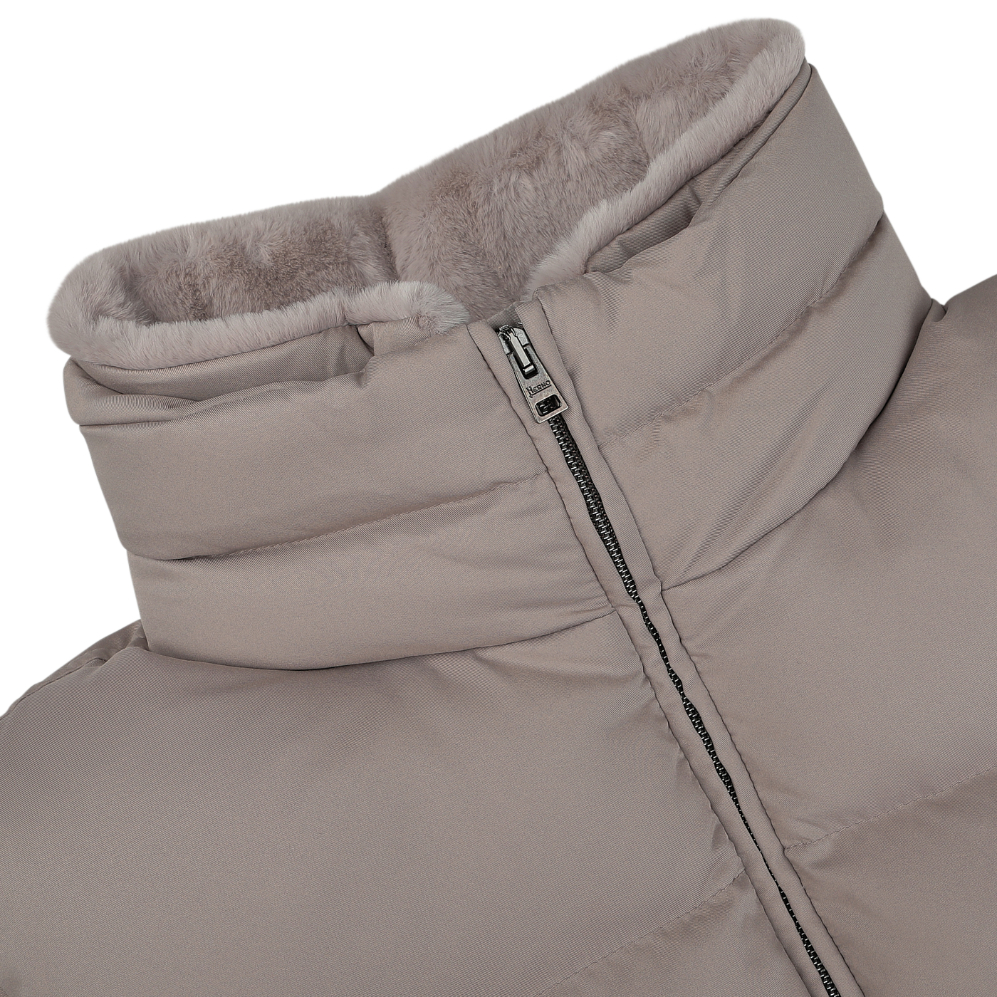 Close-up of the Herno Light Beige Nylon Goose Down Quilted Gilet, featuring a front zipper and a plush, fur-like lining on the collar.