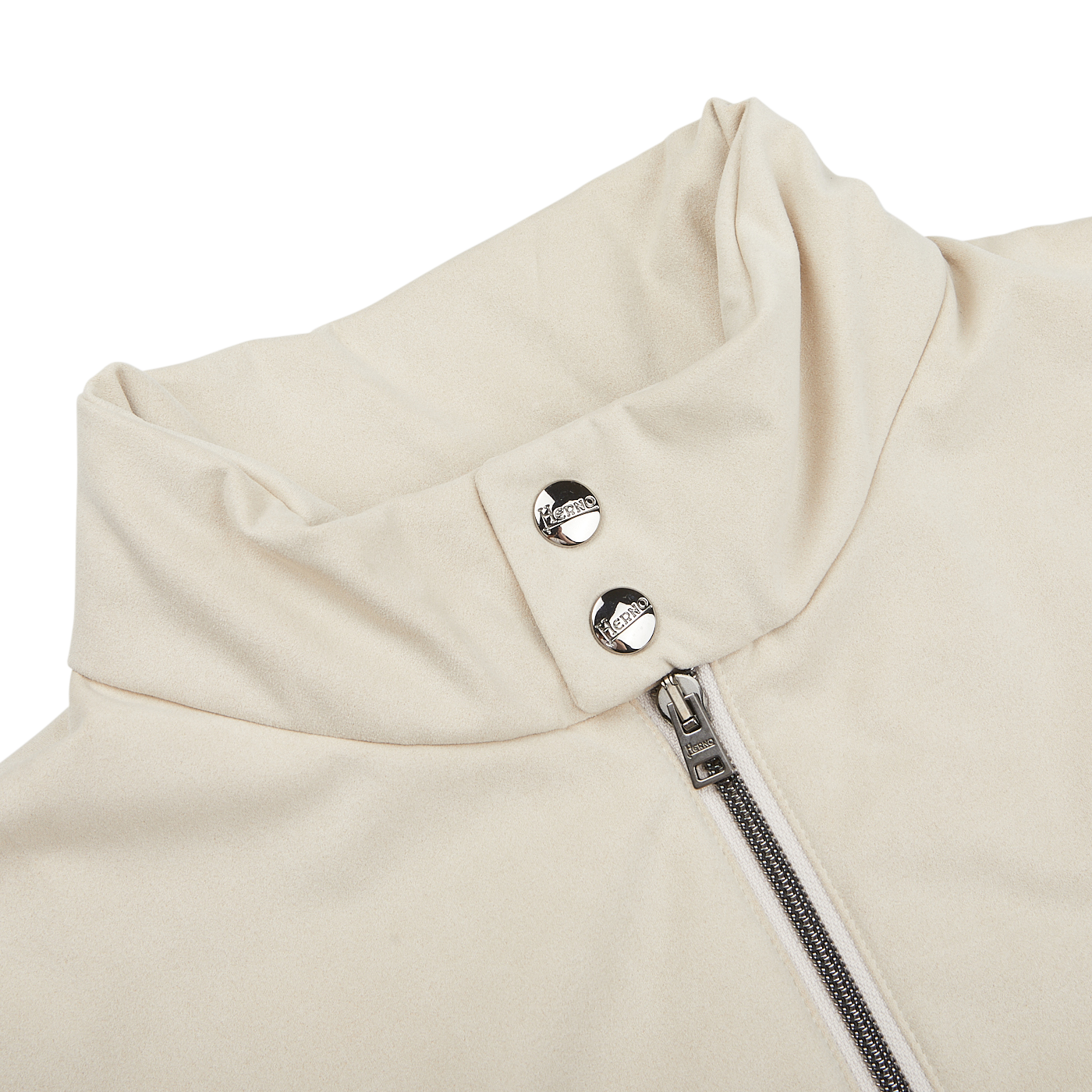 Close-up of a Herno Light Beige Suede Alcantara Zip Gilet with a high collar, crafted in luxurious Alcantara fabric, featuring a front zipper and two metallic snap buttons at the top.