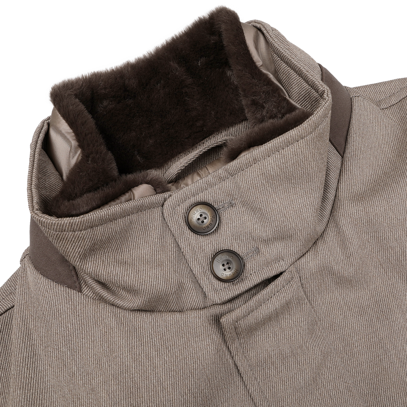 Close-up of the Light Brown Loro Piana Wool Twill Jacket by Herno, highlighting its high collar with two buttons and dark brown fur lining, crafted from pure wool.