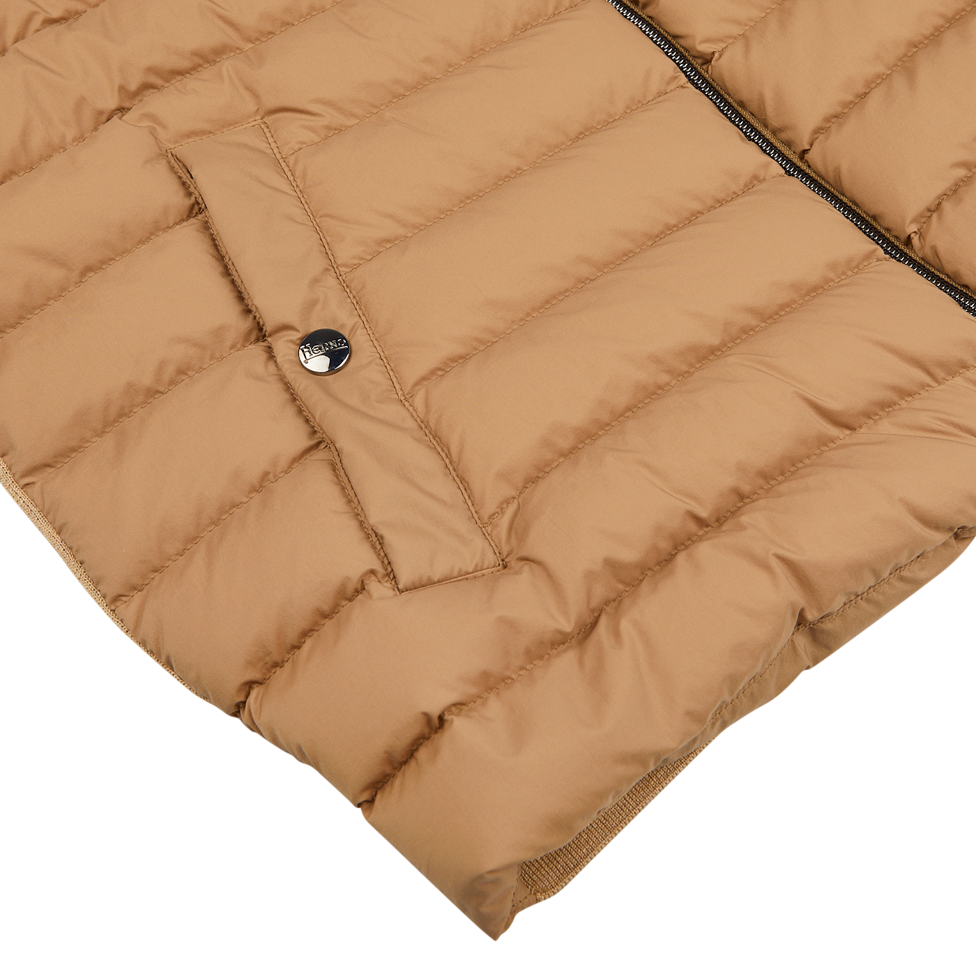 Close-up of a Herno Light Camel Wool Silk Nylon Padded Jacket with a zipper and a visible logo on the snap button.