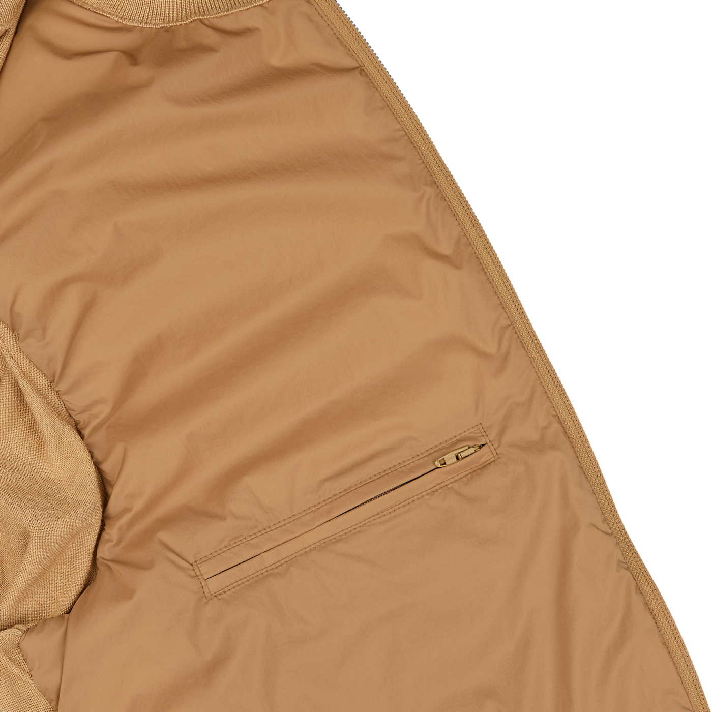 Close-up of a Herno Light Camel Wool Silk Nylon Padded Jacket with a zippered pocket detail, showing textured fabric and stitching.
