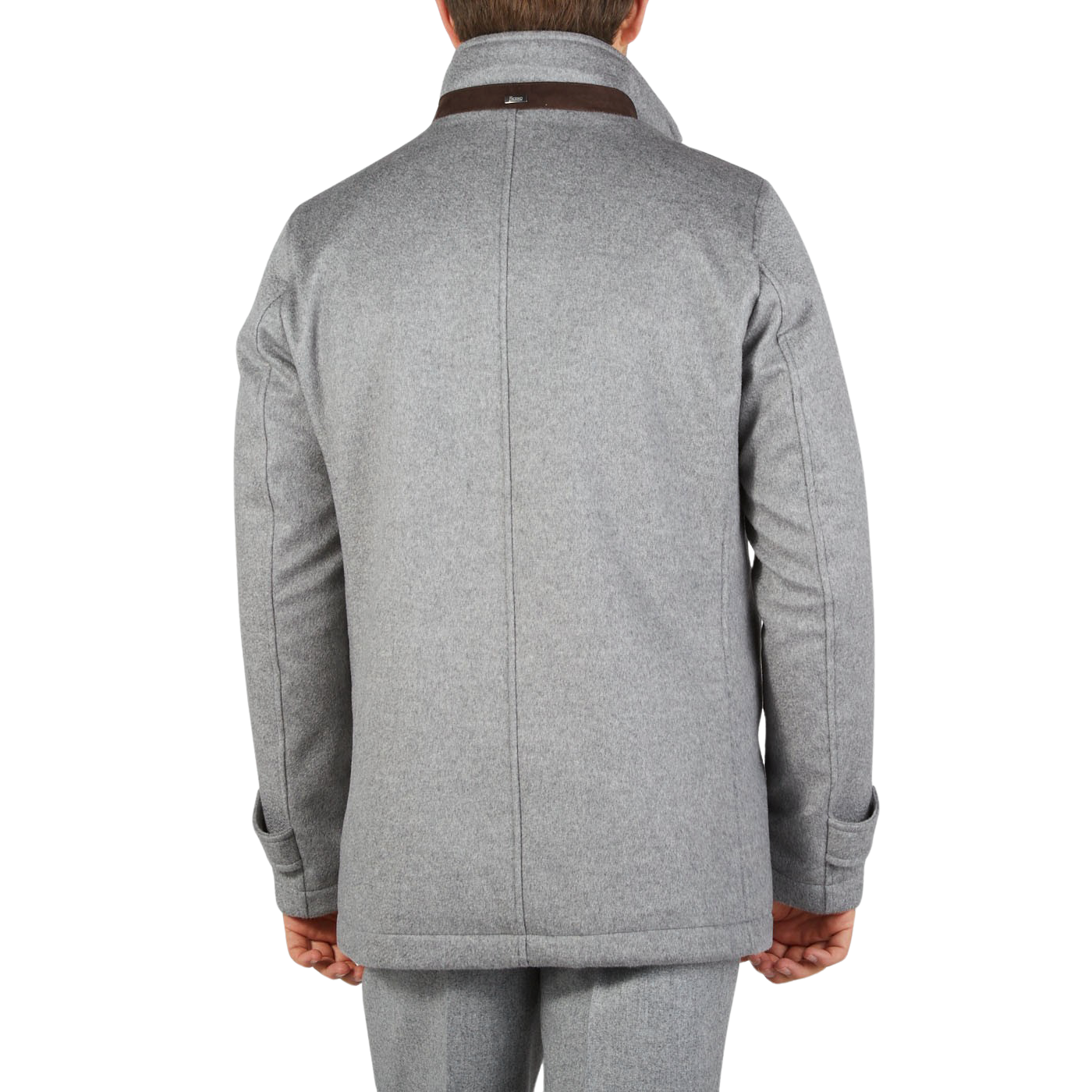 A man sporting a Herno Light Grey Water Repellent Cashmere Car Coat exudes luxury.