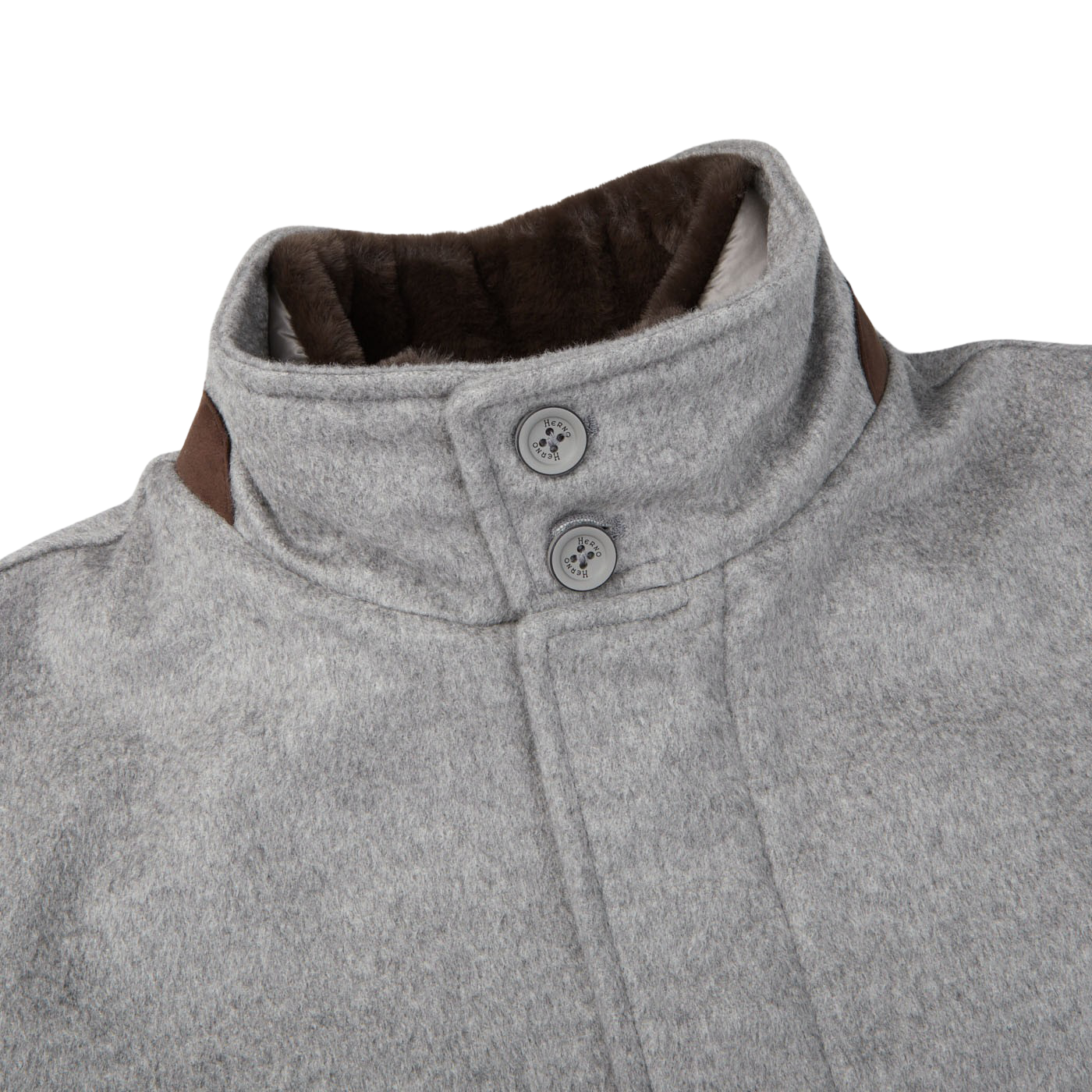 The back of a luxurious Herno Light Grey Water Repellent Cashmere Car Coat.