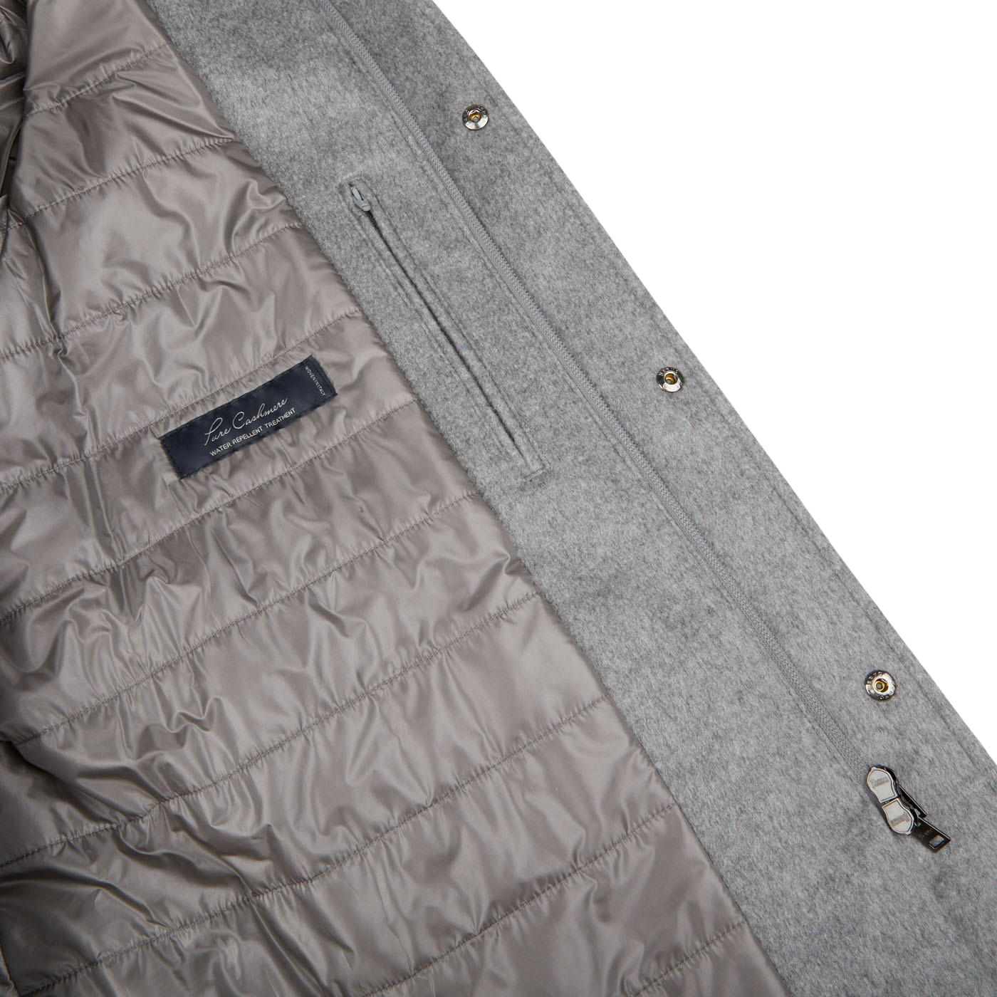 A Light Grey Water Repellent Cashmere Car Coat by Herno with a zipper.