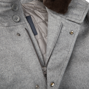 A Herno Light Grey Water Repellent Cashmere Car Coat with a fur collar.