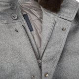 A Herno Light Grey Water Repellent Cashmere Car Coat with a fur collar.