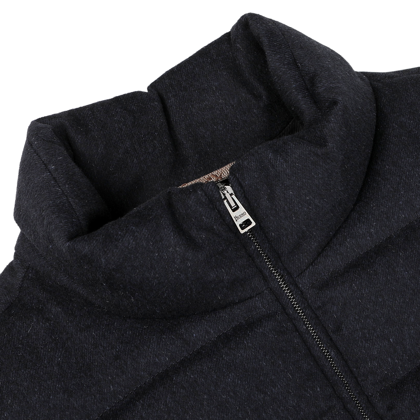 Close-up of a navy blue, water-repellent cashmere silk bomber jacket by Herno, with a zipper partially unzipped, revealing the collar design and stitching details.