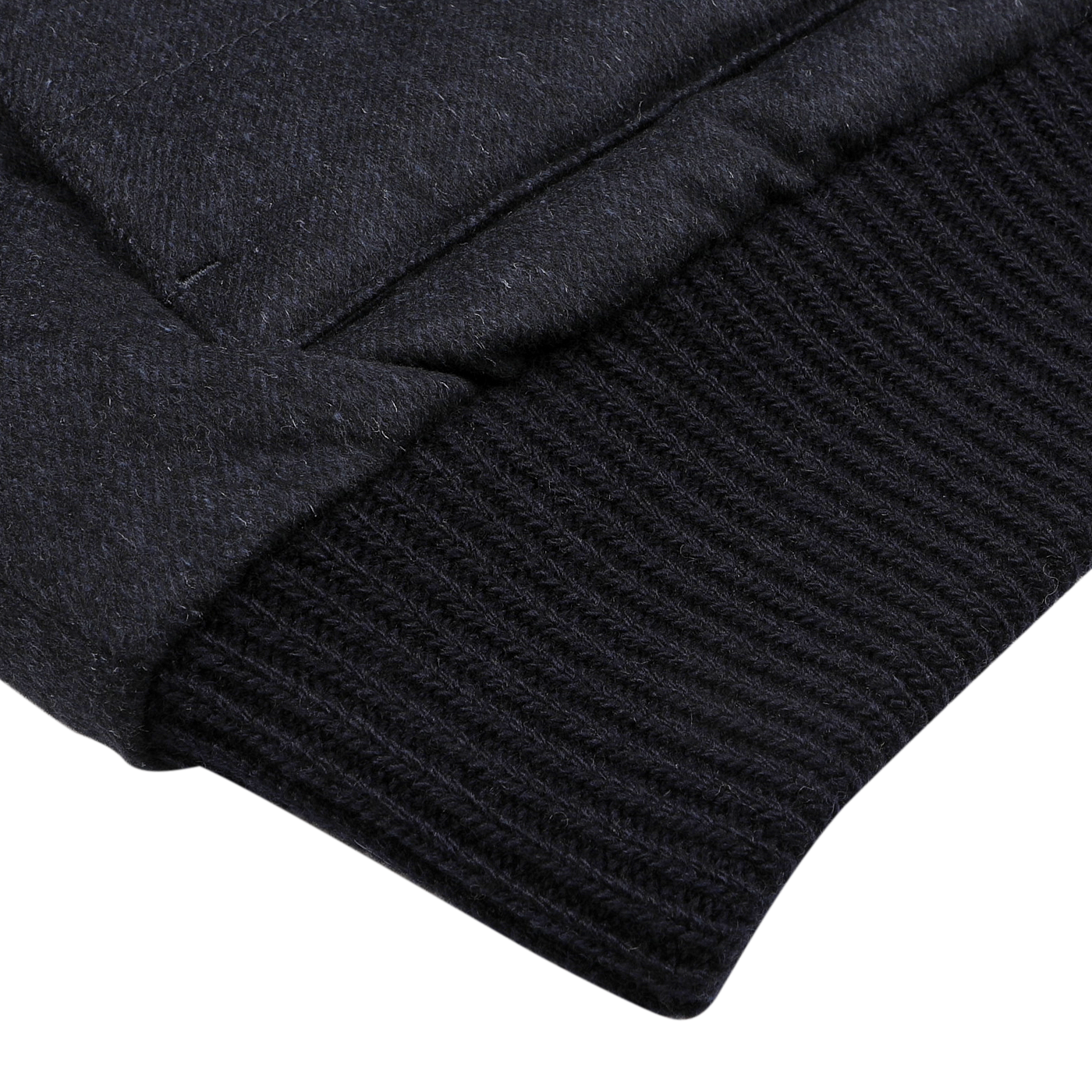 Close-up of a dark knit cuff and textured fabric on the Herno Navy Blue Cashmere Silk Bomber Jacket, showcasing intricate stitching details.