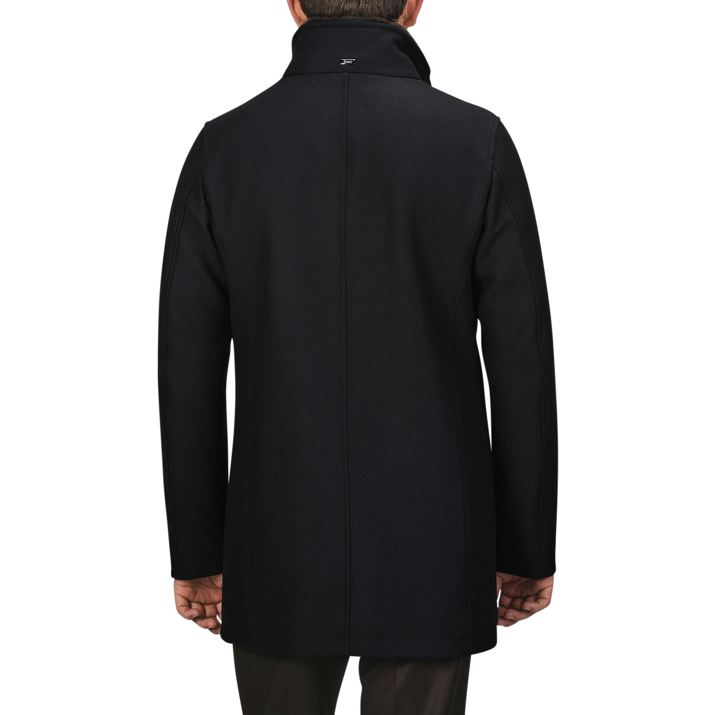 A person wearing a long, Navy Blue Diagonal Wool Padded Coat by Herno with the Herno Tech system is shown from the back, standing against a plain background.