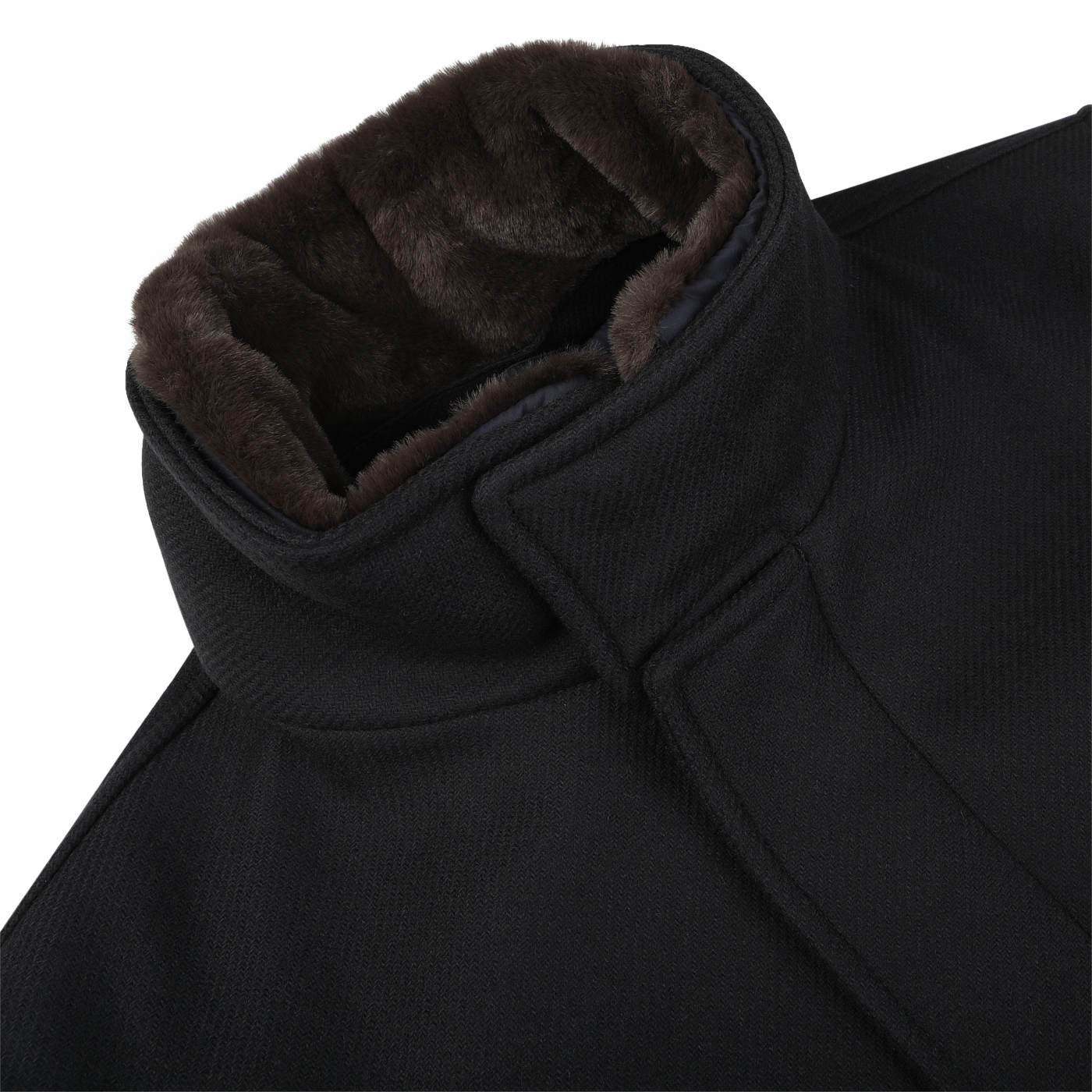 Close-up of a slim fit Navy Blue Diagonal Wool Padded Coat by Herno, featuring a high collar lined with dark brown fur. The coat's material appears textured, offering lightweight thermal insulation.