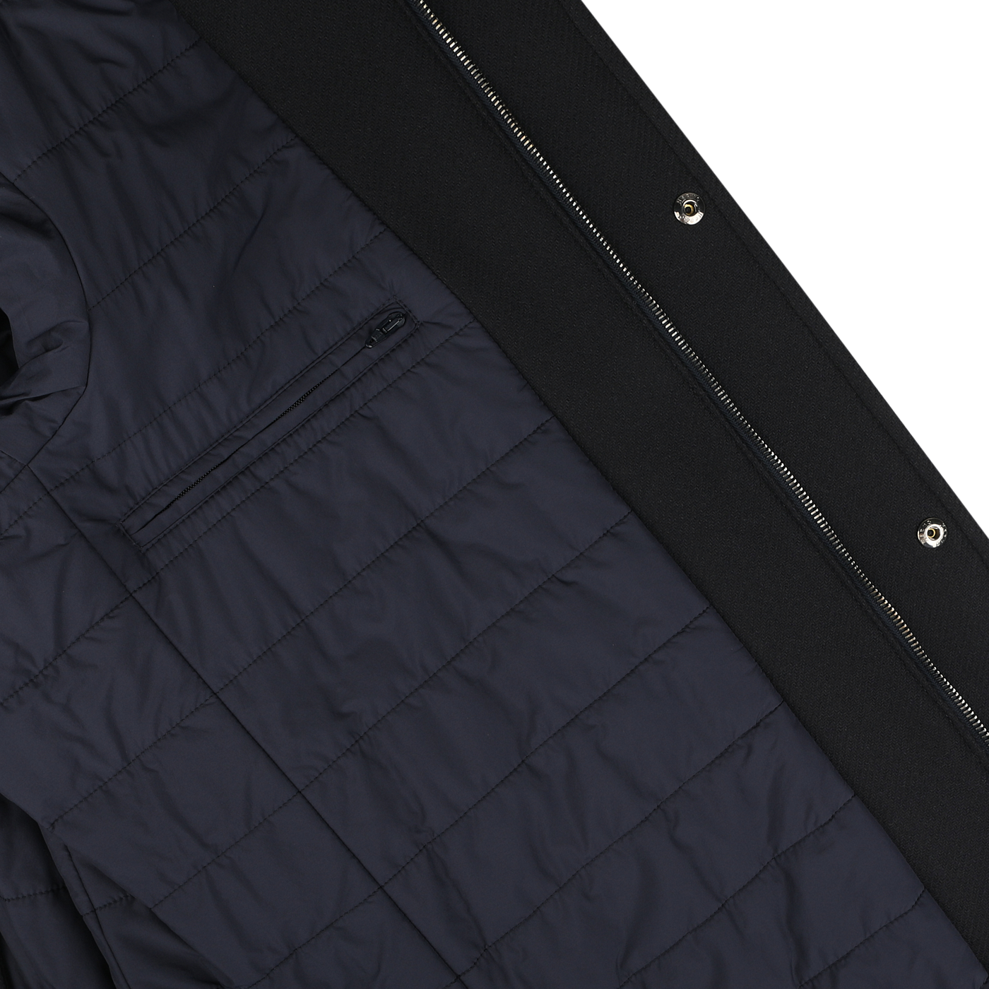 Close-up of the Navy Blue Diagonal Wool Padded Coat by Herno, showcasing its thermal-insulated lining, zippered chest pocket, and snap buttons along the right edge.