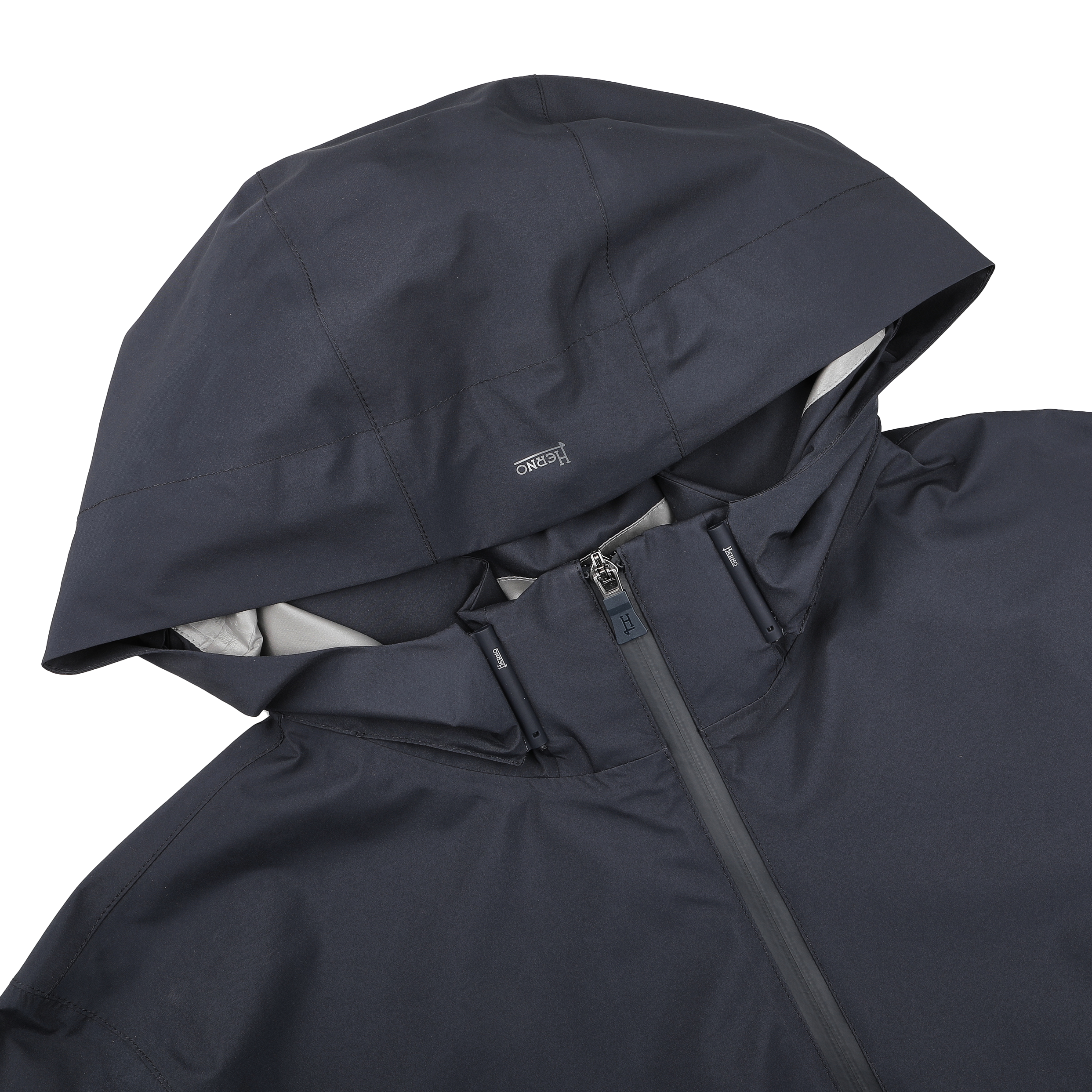 The Herno Navy Blue Nylon Gore-Tex Blouson features a hood, zipper, small chest logo, and waterproof Gore-Tex finish.