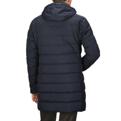 Person wearing a Herno Navy Blue Nylon Gore-Tex Laminar Coat, shown from the back.