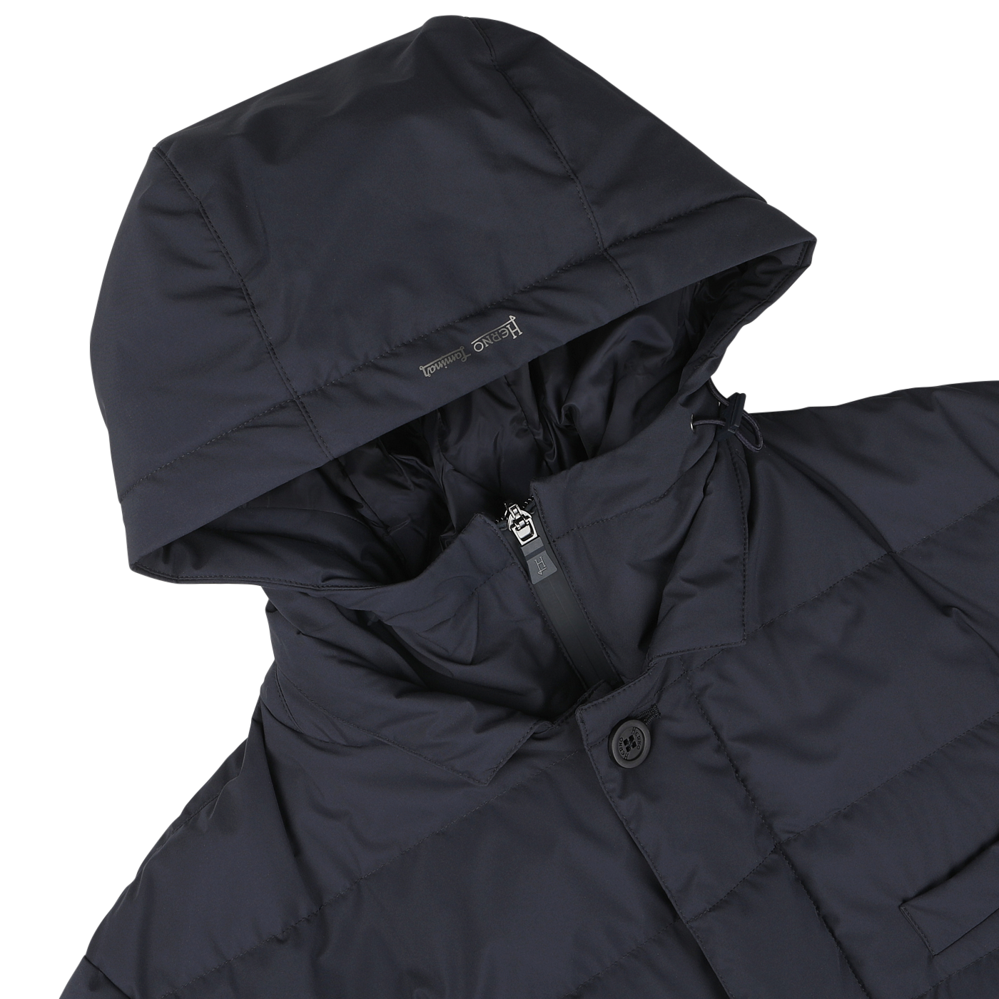 A Navy Blue Nylon Gore-Tex Laminar Coat by Herno is displayed with the hood up and a visible front zipper closure. This shiny, dark-colored jacket features a goose down fill and boasts a puffy quilted design.